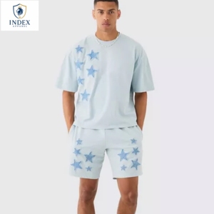 Conjunto de Camiseta y Pantalones Cortos con Estampado de Estrellas para Hombre, Cuello Redondo, Algodón Tejido, Estilo Casual de Verano, 2 Piezas - Product Image 1