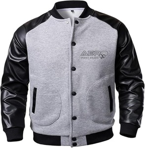 Blouson aviateur élégant et confortable en coton et en laine pour hommes avec manches en cuir Verity col montant lettre personnalisée logo avant - Product Image 2