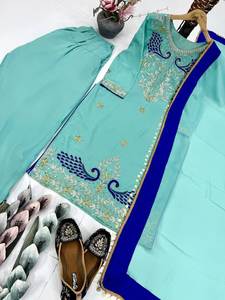 ชุด kurta อินเดียสำหรับผู้หญิงที่มีกางเกงพาลาซโซและ dupatta ที่มีการปักด้วยมือเหมาะสำหรับฟังก์ชั่นชาติพันธุ์และสวมใส่ในงานปาร์ตี้ - Product Image 2