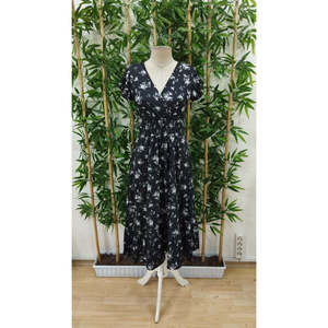 Robe à manches courtes pour femmes, col enroulé, taille élastiquée, motif floral, 36512 - Noir - Product Image 6