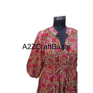 Robe mi-longue artisanale 100% coton pur, motif floral vintage, taille naturelle, écologique, respirante, confortable, pour usage quotidien - Product Image 4