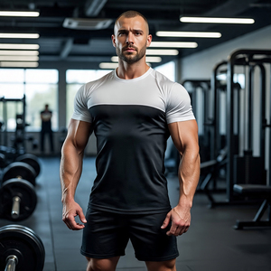 เสื้อยืดแขนสั้นสำหรับออกกำลังกายเพาะกายเสื้อยืดฟิตเนสคอกลมของผู้ชายเสื้อออกกำลังกายกล้ามเนื้อโพลีเอสเตอร์100% สำหรับผู้ชาย - Product Image 6