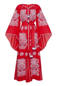 ชุดเดรสคาฟตันคอวีทรงหลวมมีแขนปักลายดอกไม้ทำจากผ้าฝ้ายฟรี - Product Image 5