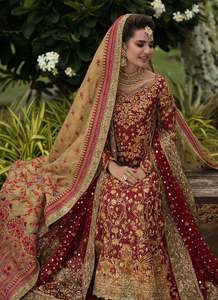 Modern Traditional Pakistani Bridal A-Line <b>Lehenga</b> Set Embroidered Beaded Silk Floor-Length Scalloped Neckline Net Dupatta Court - Product Image 2