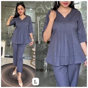 Conjuntos Casuales para Mujer, Cuello en V, Color Liso, Manga Corta, Top y Pantalones de Pijama, 100% Algodón, Cintura Elástica - Product Image 2