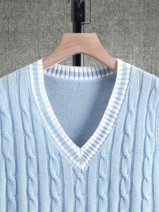 เสื้อสเวตเตอร์ถักสายเคเบิลอะคริลิครูป100% ลายทางคอวีแขนกุดสำหรับผู้ชายและผู้หญิงเสื้อถักขนาดใหญ่พิเศษ - Product Image 3