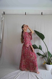 Maxi vestido con estampado bohemio, Mangas de campana asimétricas, decoraciones de encaje de alta calidad ecológicas, Fiesta en la playa elegante Sexy - Product Image 2