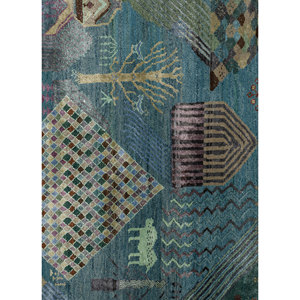 Tapis Manchaha bleu noué à la main en laine, soie de bambou et coton biologique, motif patchwork pour la maison, le salon, le couloir, en jute - Product Image 3