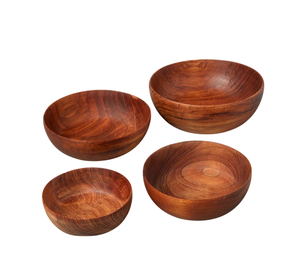Juego de 4 Tazones de Madera de Teca para Ensalada con Servidores, Tazón Redondo de Madera de Mango para Servir Pasta, Frutas, Ensaladas o Palomitas de Maíz - Product Image 1