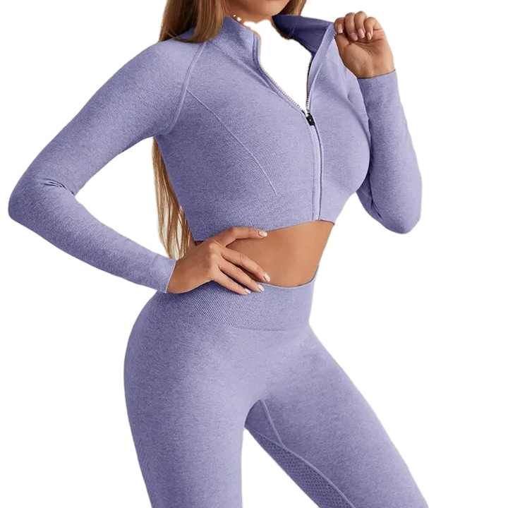 Cropped Zipper Top And Long Pants Workout Coord