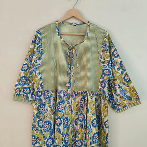 Handmade Cotton Floral Block Print V-neck <b>Long</b> Sleeve Floor-Length Boho Maxi <b>Dress</b> Striped Yoke | Comfortable Summer <b>Kaftan</b> - Product Image 1