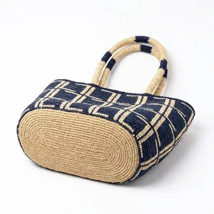 Sac fourre-tout en raphia perlé, prêt pour la plage, motif géométrique ethnique, durable, ouverture supérieure, deux poignées, capacité 3L+, pour femme - Product Image 5