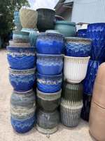 Pot Keramik Hitam Berlapis Ekstra Besar Modern Buatan Tangan Vietnam Tahan Beku untuk Luar/Dalam Ruangan dengan Lubang Drainase untuk Taman Rumah