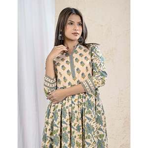 Vestido Largo de Algodón Estampado Verde Crema con Cuello Mandarín, Transpirable y Casual para Club, Suministro ODM - Product Image 1