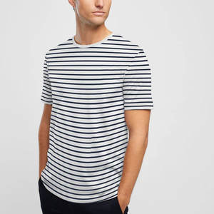 Respirant rayé hommes col rond manches courtes T-shirt en coton uni respirant - Product Image 1