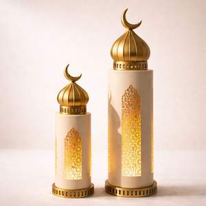 Juego de Faroles de Media Luna de Metal Blanco de Lujo con Brillo LED Cálido, Intrincado Tallado Islámico, Elegante Decoración para el Hogar de Ramadán y Opción de Regalo - Product Image 1