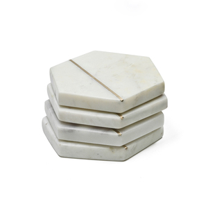 Ensemble de dessous-de-verre hexagonaux en marbre blanc et laiton de luxe, taille personnalisée, décoration de table pour la maison, l'hôtel, vente en gros, exportations indiennes - Product Image 1
