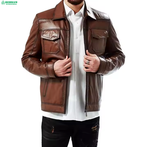 Veste en cuir véritable marron pour homme BEHRAM INTERNATIONAL, col rabattu, fermeture éclair, coupe classique, style automne - Product Image 6