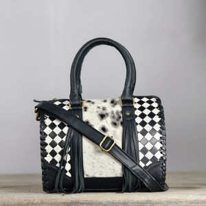 New Designer Fringe Bag Gypsy Boho Cowhide Leather Black <b>Colour</b> Handmade Western Stylish Checkered Pattern Bags And Wallet <b>Set</b> - Product Image 2