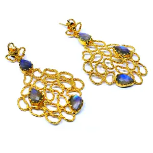 Long Lightweight 925 Sterling Silver Gold Plated Labradorite Gemstone Texture Style Hanging Ladies Earrings