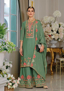 Costume Sharara traditionnel pakistanais en soie chinon, lourdement brodé, pour femmes adultes, mariages, toutes occasions, salwar kameez, livraison rapide - Product Image 2