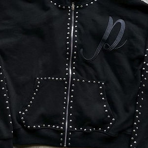 Custom <b>Black</b> Drop Shoulder Heavyweight <b>Hoodie</b> 100% Cotton French Terry <b>Zip</b>-<b>Up</b> with Rhinestone Rivet Design for Men - Product Image 3