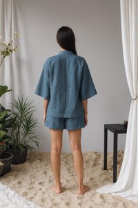 Ensemble kimono et short en lin Coupe décontractée avec short à ceinture avec poches respirant mélange naturel coton-lin premium - Product Image 3