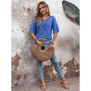 Women'<b>s</b> Short-Sleeved V-Neck Viscose <b>Blouse</b>, 35661 - Blue - Product Image 4