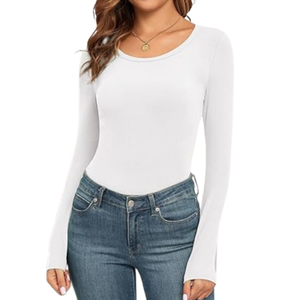 Camiseta de Manga Larga con Cuello Redondo de Fibra de Bambú Blanca, Ecológica, Ajustada, Transpirable y de Secado Rápido para Mujer - Product Image 3