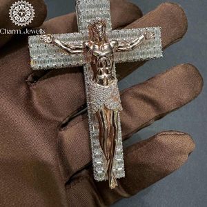 Charm_Jewells Rose <b>Gold</b> Plated 18K <b>Solid</b> <b>Gold</b> Cross <b>Pendant</b> With Moissanite Baguette Cut Channel Setting Christian Charm - Product Image 3