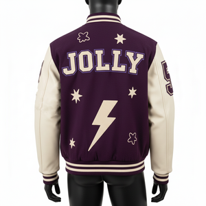 แจ็คเก็ตวาร์ซิตี้ผู้ชาย ผ้าขนสัตว์พรีเมียม แขนหนัง PU แผ่นผ้าถักแบบริบ โลโก้เชนิลล์แบบกำหนดเอง แจ็คเก็ตวาร์ซิตี้ผู้ชาย - Product Image 2