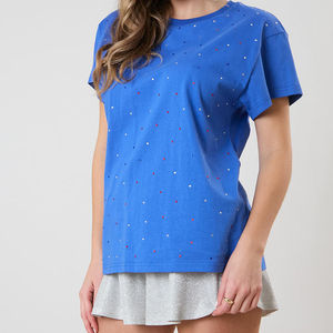 T-shirts à manches courtes pour femmes d'été avec strass en diamant Impression numérique Couleurs personnalisées - Product Image 1