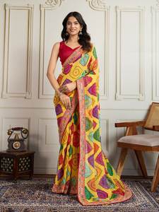 Saree pour mariage en tissu Georgette doux de qualité supérieure avec imprimé bandhni et bordure en dentelle multi-broderie - Product Image 4