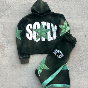 Chándales de algodón OEM, Sudadera con capucha, pantalón de retazos, chándal para hombre, joggers apilados, conjuntos de Jogger de dos piezas para hombre acampanados - Product Image 2