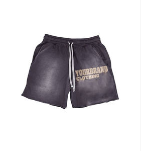 Venta caliente pantalones cortos de lana Vintage personalizados Puff impreso sol desteñido sudor ácido lavado pantalones cortos con angustia para hombres - Product Image 5