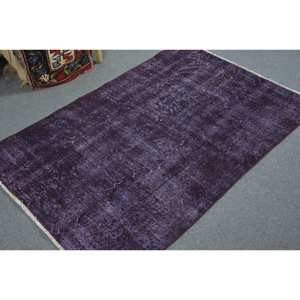 Modern Vintage Turkish Rug Purple 3.2 X 4.9ft Wool with Latex Backing Large Rectangle Patchwork Pattern for Living Room Hallway - Product Image 2