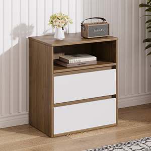 Modern 2-Drawer Nightstand with Open <b>Storage</b> Shelf, Walnut Wood Bedside <b>Table</b>, Minimalist Bedroom <b>End</b> <b>Table</b> with Drawer Organize - Product Image 1