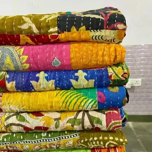 Groothandel Partij Indian Vintage Patchwork Sari Kantha Gooit Een Van Een Soort Handgemaakte Katoen Omkeerbare Twin Kantha Quilts Te Koop