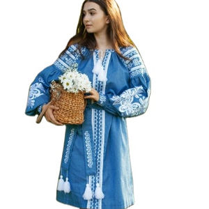 Knee-Length Embroidered <b>Dresses</b> for Women Floral Embroidery Long Sleeve V-Neck Party Wear <b>Dress</b> With <b>Tassel</b> - Product Image 1