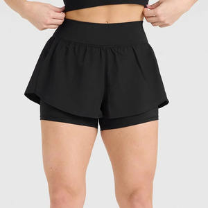 Pantalones cortos negros 2 en 1 para correr con logotipo personalizado para mujer, pantalones cortos elásticos de cintura alta y doble capa para mujer, pantalones cortos de gimnasio - Product Image 1