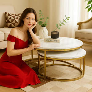 ชุดโต๊ะกาแฟไม้สไตล์สแกนดิเนเวียน 2 ตัว พร้อมท็อปหินอ่อนและโครงโลหะ - Product Image 2