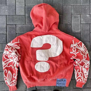 Sudadera con capucha recortada lavada con ácido para hombre de alta calidad de peso pesado Sun Faded Cut Edge parche desgastado bordado Raw Hem Rhinestone - Product Image 3