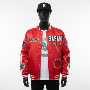 Blouson d'aviateur en satin de luxe 220GSM rouge blanc panneau contrasté broderie personnalisée et conception de logo en chenille veste en satin pour homme - Product Image 1