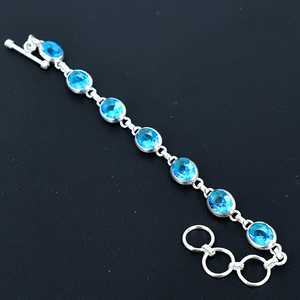 For Blue Topaz Gemstone Handmade 925 Sterling <b>Silver</b> Vintage Charm Chain <b>Bracelet</b> December's Birthstone Gift for Girlfriend - Product Image 2