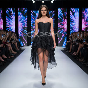 Elegant <b>Gothic</b> & Evening Wear High-Low Corset Dress in Black Satin with Tiered Organza <b>Skirt</b> - Product Image 4