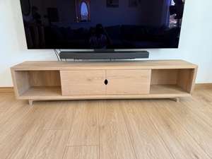 <b>White</b> Oak TV Stand Solid Wood Media Console Handmade Furniture With Open <b>Shelves</b> And Cabinets Available In Multiple Sizes - Product Image 2