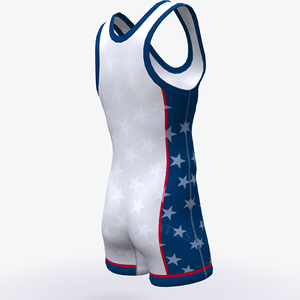 Combinaison de lutte unisexe blanche imprimée par sublimation avec motif étoiles et rayures, tissu en spandex super doux et respirant pour adultes - Product Image 4