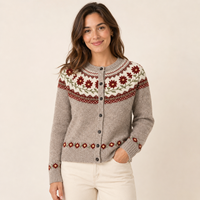 Cardigan en laine tricotée jacquard pour femme 7GG Nordic Fair Isle Meadow Blossom Maple Fox avec motif de jupon et boutons