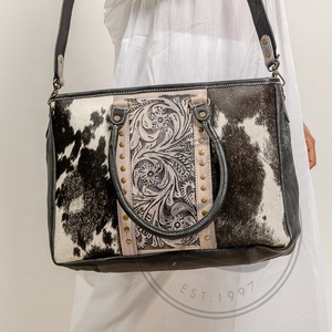 Handmade Large Cowhide Tote <b>Shoulder</b> Bag Genuine Leather with Tooling Patch and Matching <b>Straps</b> Portable Mid Hairon Design - Product Image 1