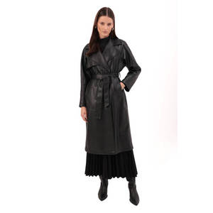 Manteau trench en cuir tricoté noir à double boutonnage pour femme avec ceinture - Product Image 3